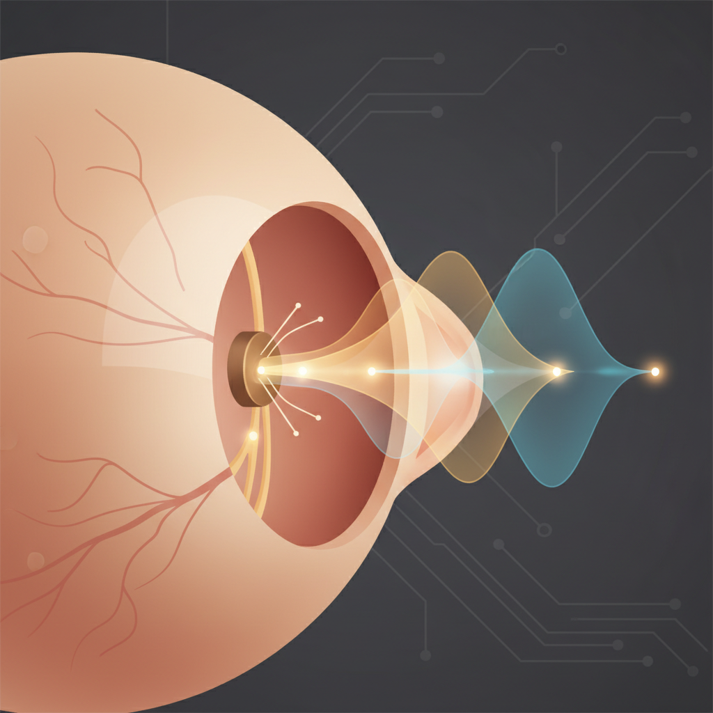 A tiny, advanced retinal implant, smaller than a grain of rice, subtly depicted within an eye, showing light waves restoring vision. Clean infographic, modern layout, high contrast, warm lighting, textured background, no visible text