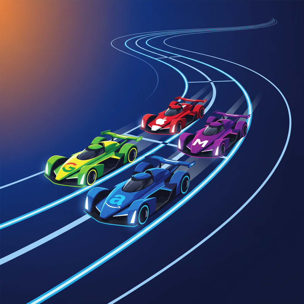 A visual metaphor of a race track where Amazon's AI car is slightly behind other competitors, illustrating the challenge of catching up, clean infographic, modern layout, high contrast, colored background, no text