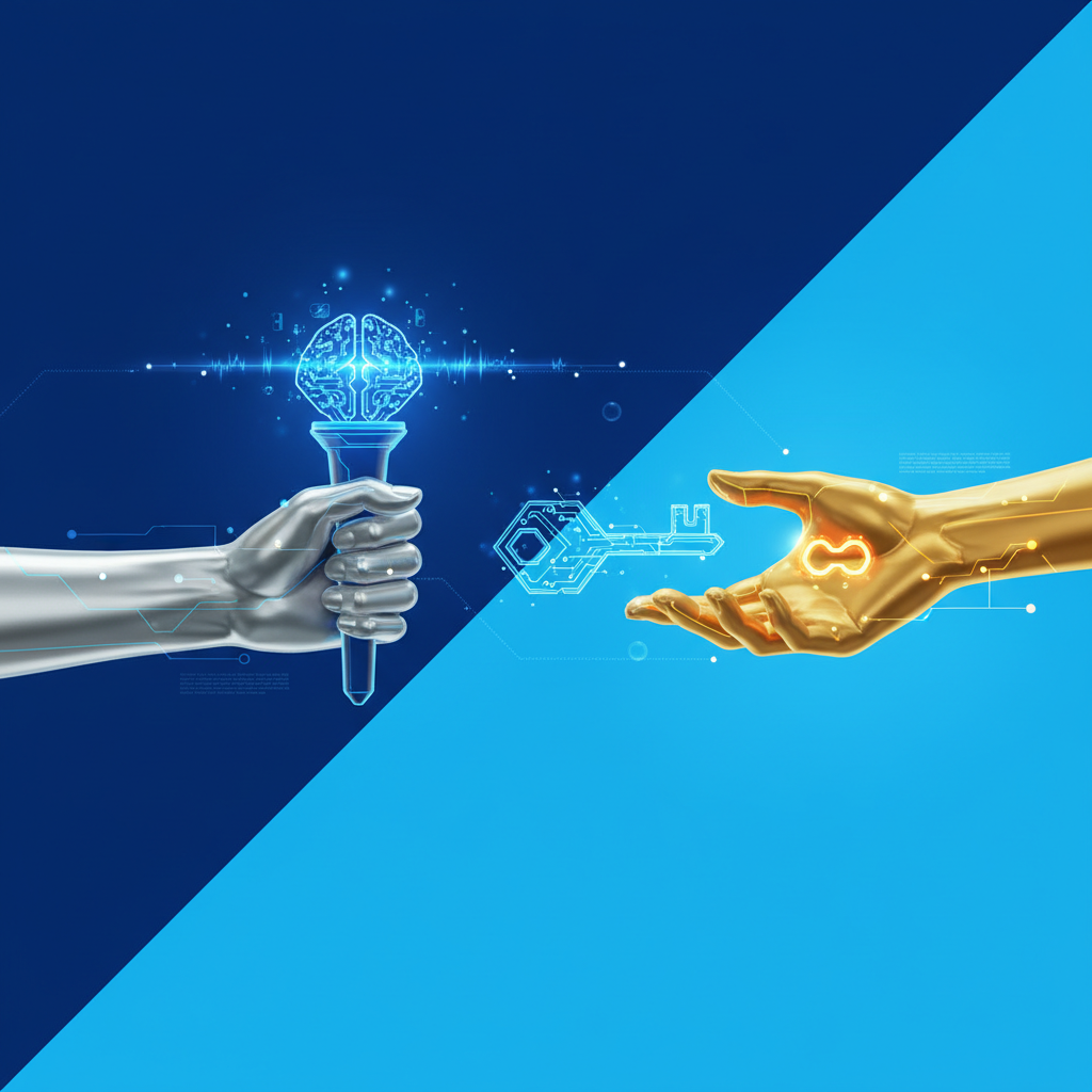 A conceptual image showing a hand passing a torch or a key to another hand, symbolizing leadership transition in the field of artificial intelligence, clean infographic, modern layout, high contrast, colored background, no text