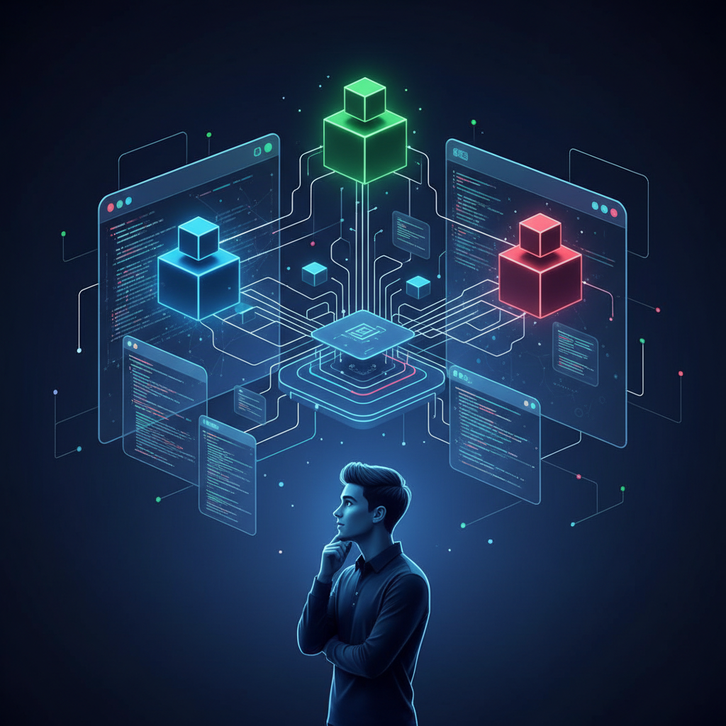 A dynamic clean infographic showing three distinct AI agents collaborating seamlessly in a digital coding environment, with modern layout and high contrast. A human developer observes with a curious expression. No visible text. Korean appearance, centered focus.