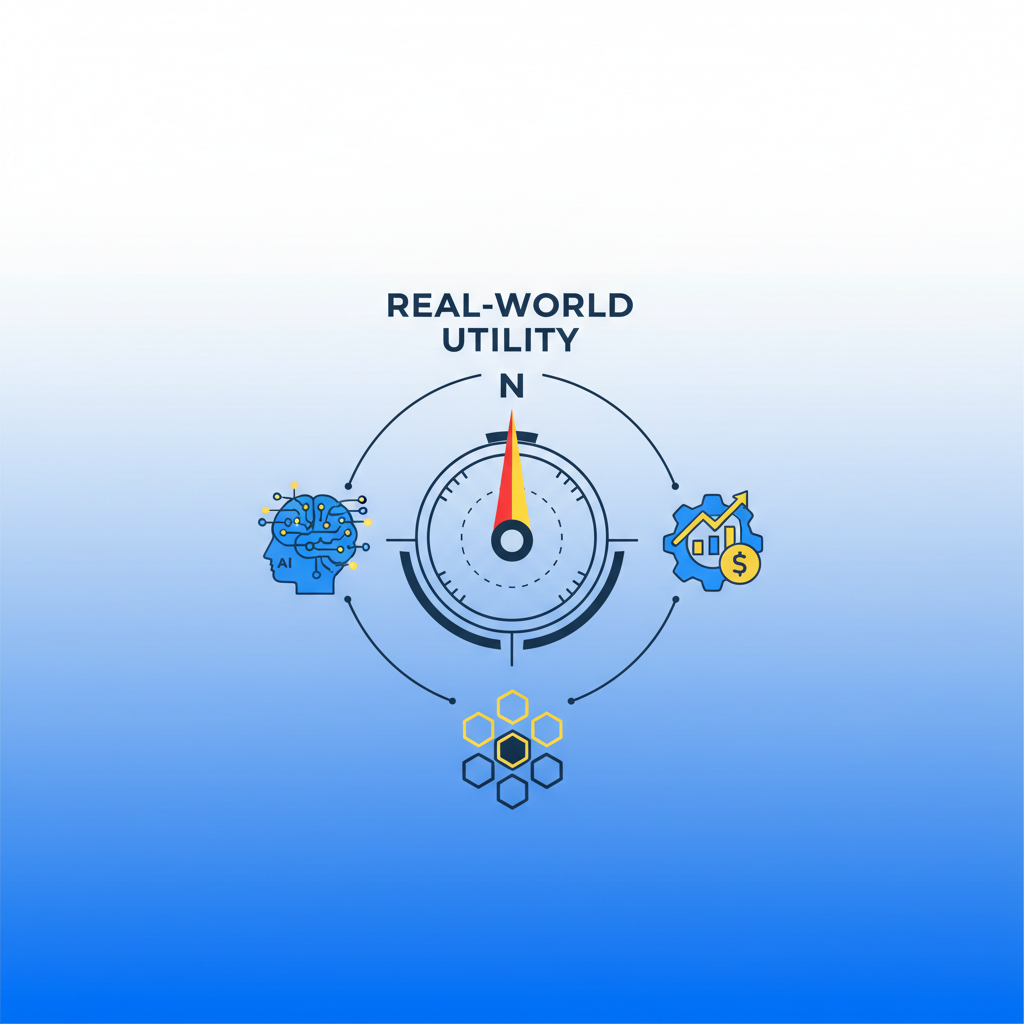 A modern infographic showing a compass with "Real-World Utility" as its North, surrounded by symbols of AI and business. The background is a subtle gradient, and the overall design is clean and high-contrast. No text, centered focus, full frame.