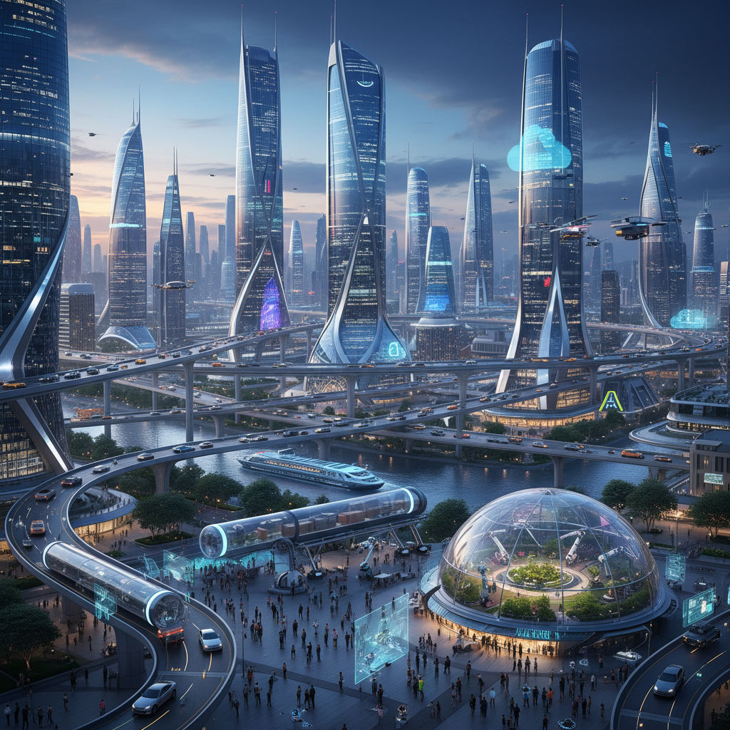 A vibrant and futuristic cityscape where AI seamlessly integrates into daily life, with subtle Amazon branding elements, rich and detailed background, no text