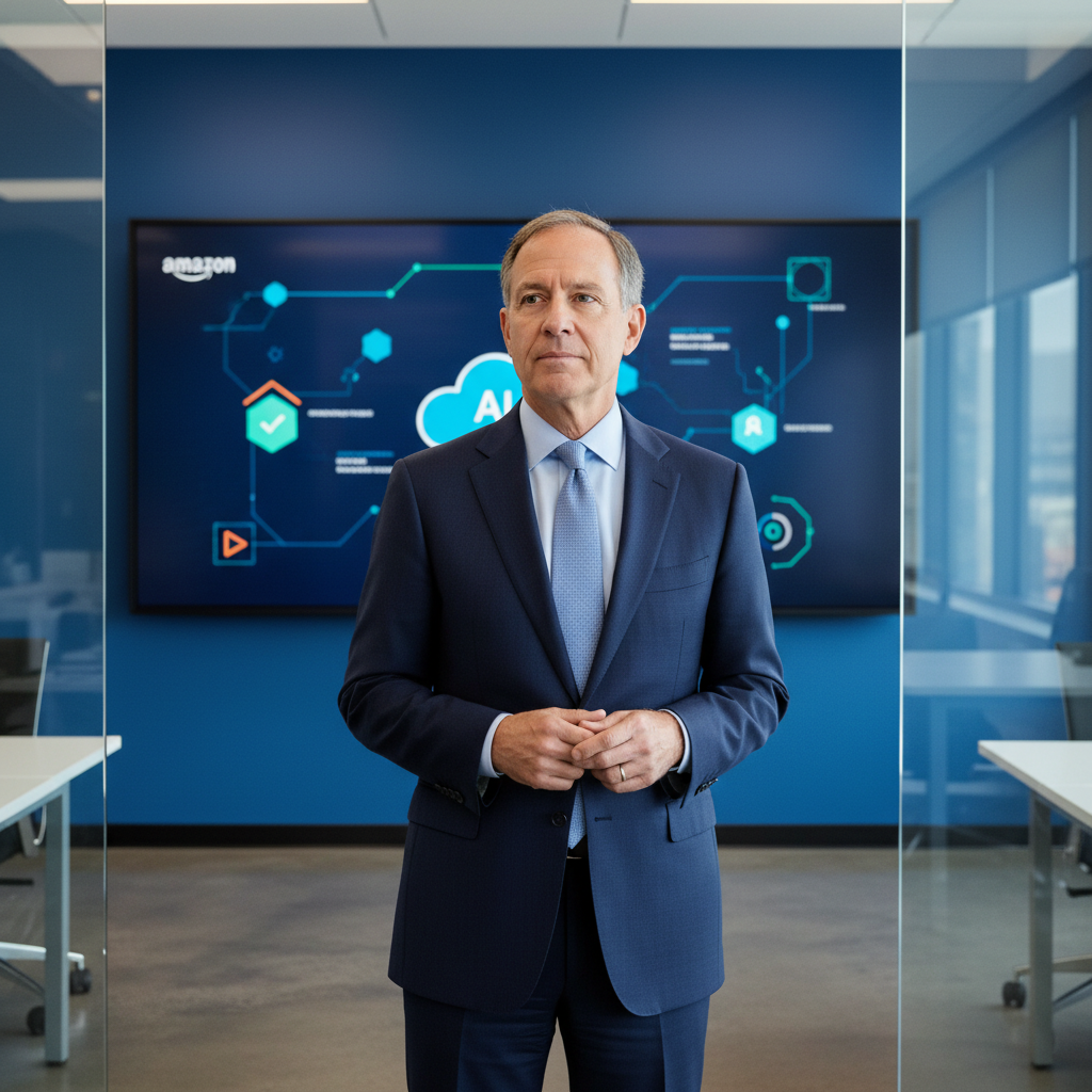 A professional portrait of Peter DeSantis, a thoughtful and experienced executive, standing in a modern tech office setting with Amazon's AI vision subtly in the background, clean infographic style, colored background, no text