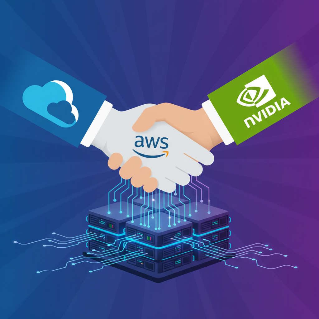 clean infographic, modern layout, high contrast. Two hands, one with an Amazon Web Services (AWS) logo and the other with an Nvidia logo, shaking firmly over a stylized server rack with glowing AI circuits. The background is a gradient of blue and purple, symbolizing data and innovation. No visible text, centered focus, visually rich, no empty margins.