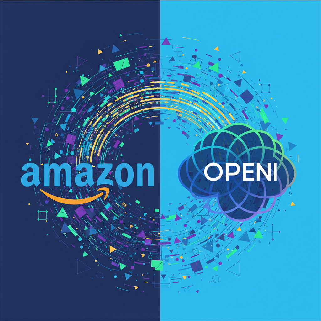 A stylized illustration of two giant tech company logos, Amazon and OpenAI, with a subtle connection indicating a large investment, set against a dynamic, futuristic background with flowing data, clean infographic style, high contrast, colored background, no text, 4:3 aspect ratio