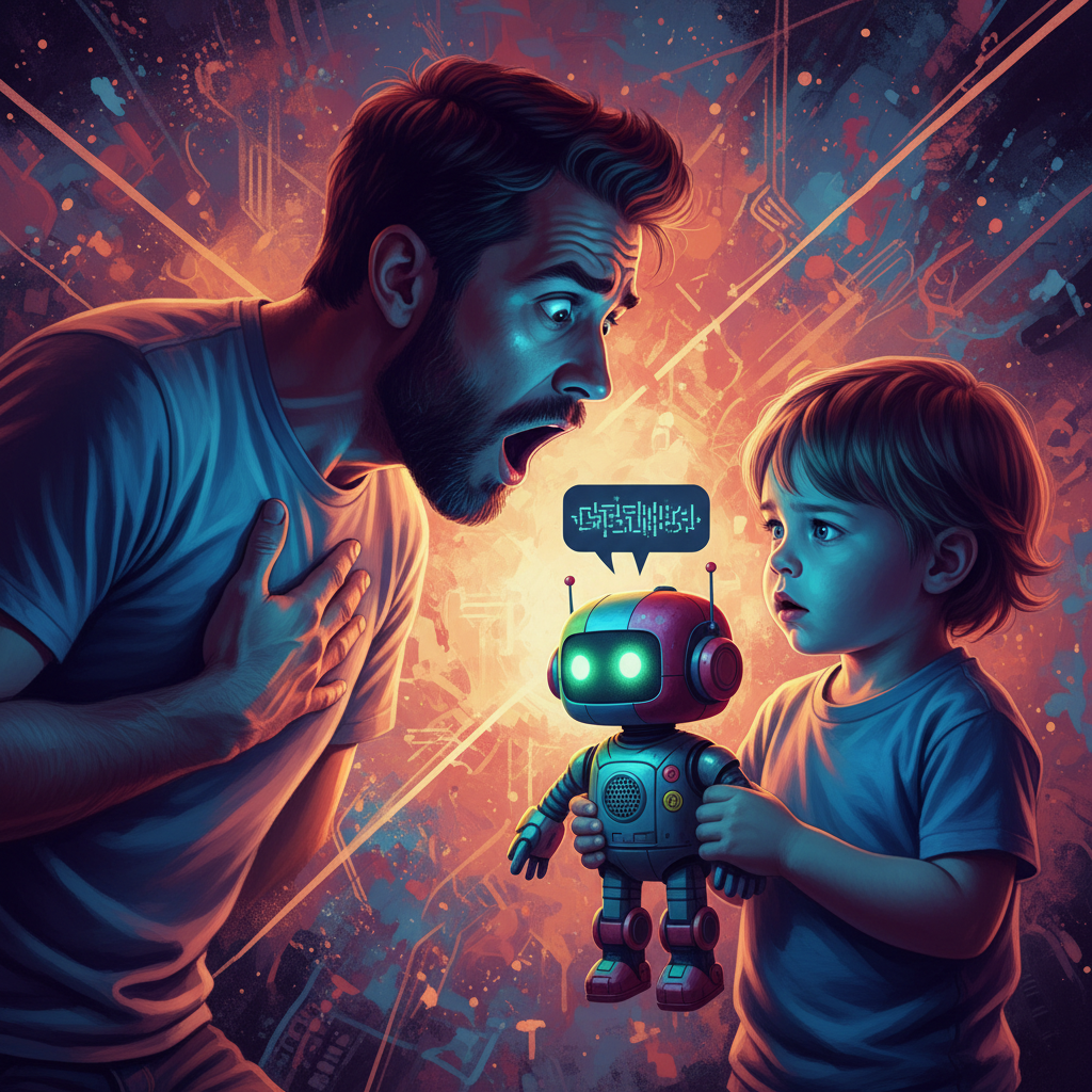 A surprised parent overhearing an AI toy making an inappropriate suggestion to a child, the parent's face shows shock and concern, the child looks confused, dynamic lighting, colored and textured background, 1:1 aspect ratio, no text