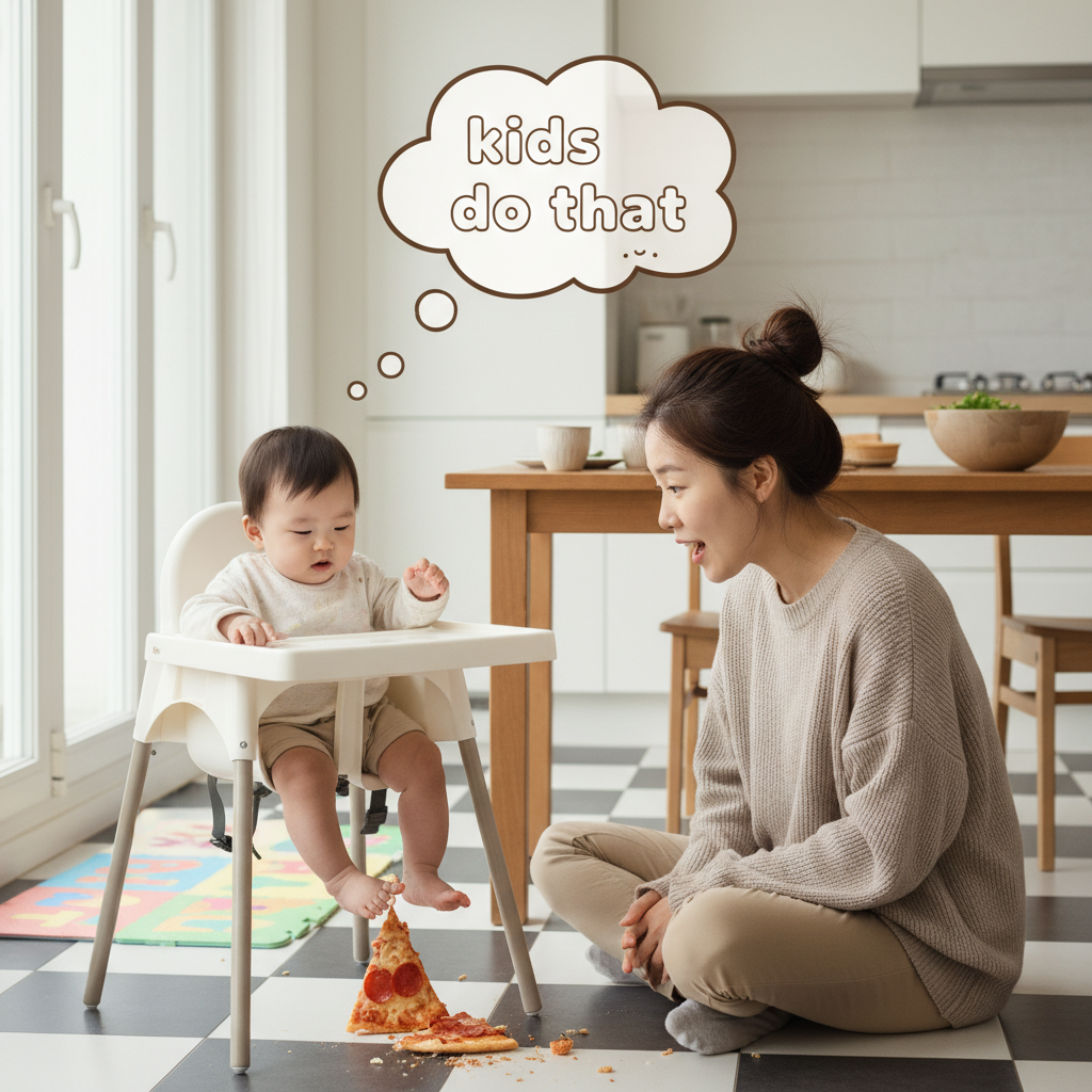 A Korean parent with a questioning expression, looking at a baby who just dropped a piece of pizza, a subtle thought bubble showing a simple AI-generated answer like "kids do that" in a friendly font, lifestyle photography, natural lighting, kitchen setting, no text.