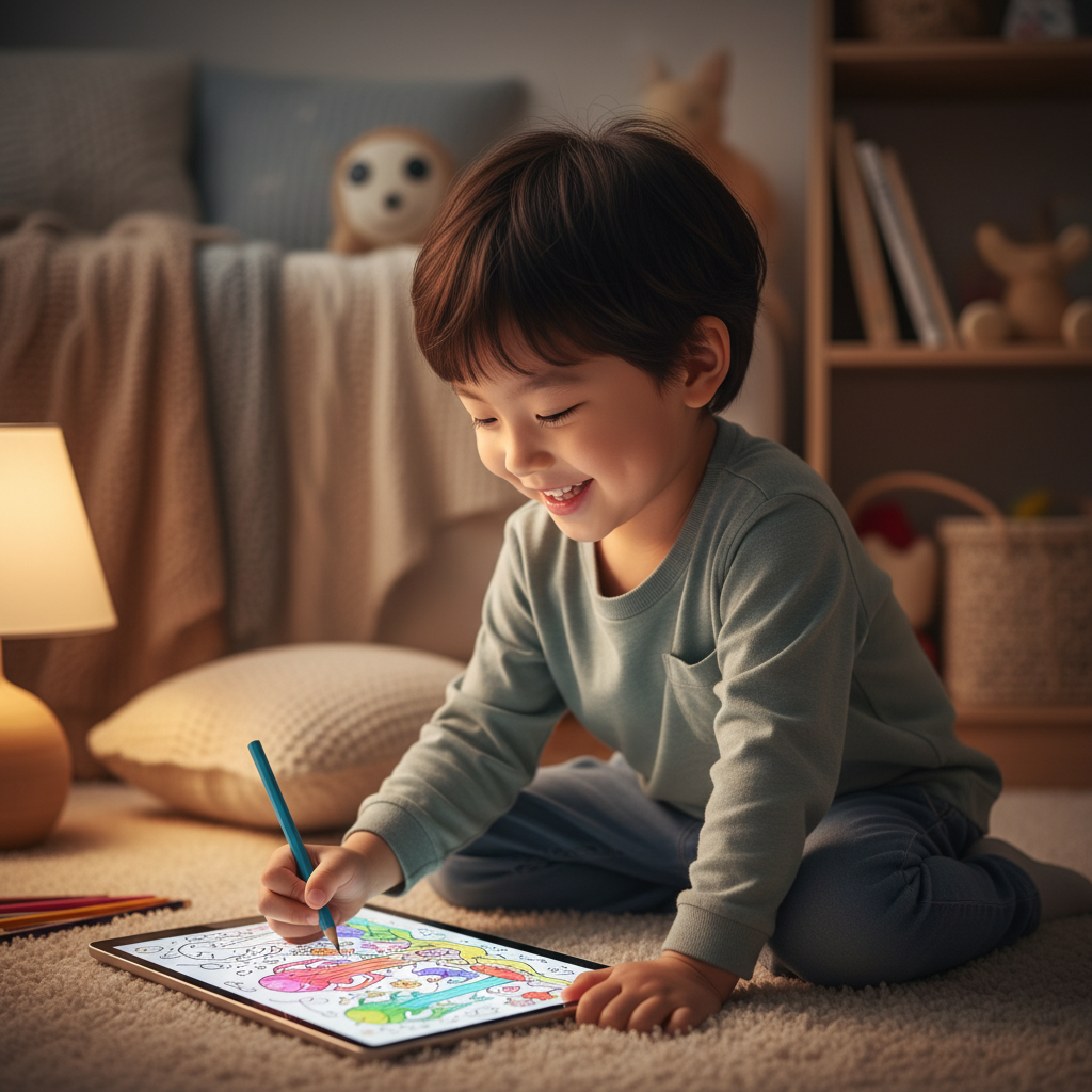 A happy Korean child intently coloring a page generated by an AI coloring app, a tablet showing a colorful image, warm lighting, cozy room with a textured background, 4:3 aspect ratio, no visible text, natural expression