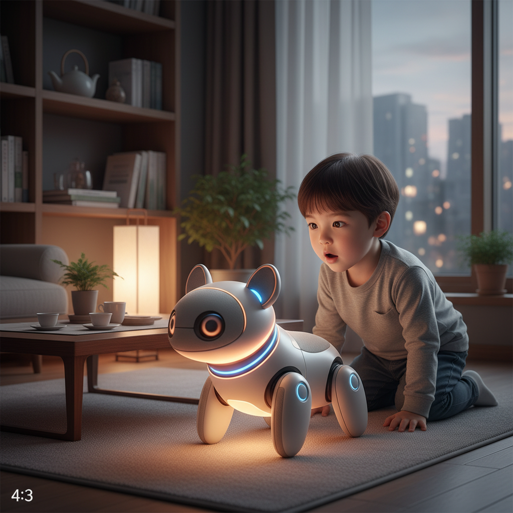 A child, around 4-5 years old, looking curiously at a sleek, futuristic AI-powered soft toy, the toy has subtle glowing elements, warm and soft lighting, cozy Korean living room setting, 4:3 aspect ratio, no text