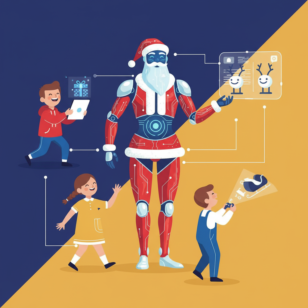 Clean infographic showing children interacting with AI Santa, modern layout, high contrast, colored background, no text