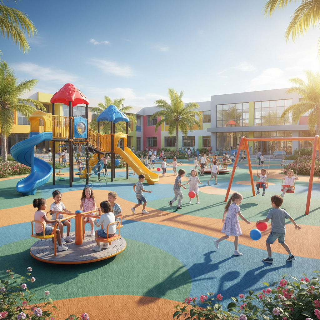 A vibrant scene of children playing actively on a school playground, with colorful equipment and a joyful atmosphere, under a bright sunny sky, focus on action and healthy environment, 4:3 aspect ratio, no text