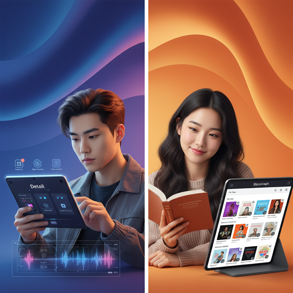 A split infographic showing two Korean individuals. On one side, a person is editing a video on an iPad with the "Detail" app, showcasing AI features for video editing. On the other side, another person is reading a book while looking at a tablet displaying personalized book recommendations from the "StoryGraph" app. The background is a vibrant, modern gradient. No text.