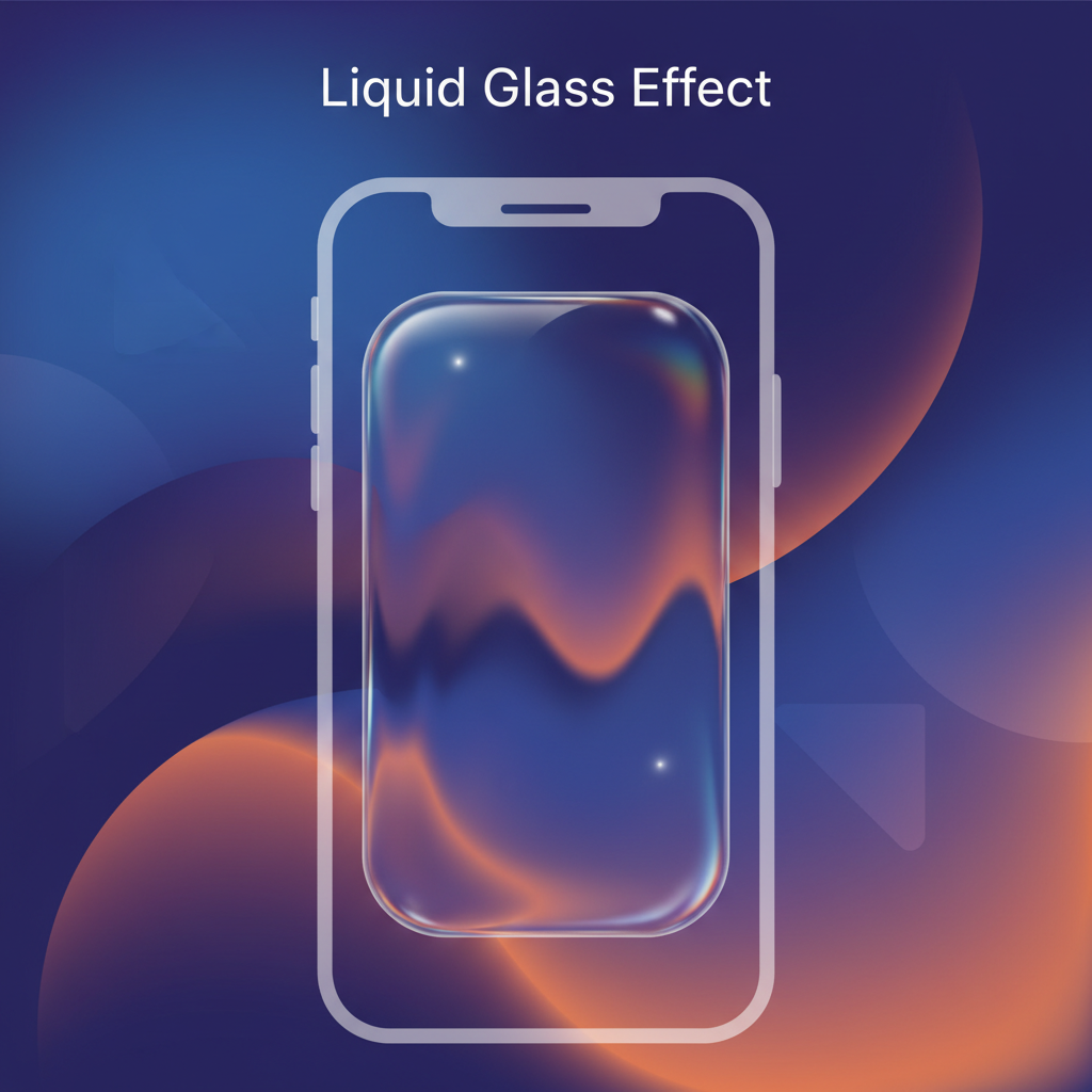 A clean infographic showing the 'Liquid Glass' effect on an iPhone interface element, with a transparent, refracting quality. The background is a modern, high-contrast color blend. No visible text, no Korean characters.