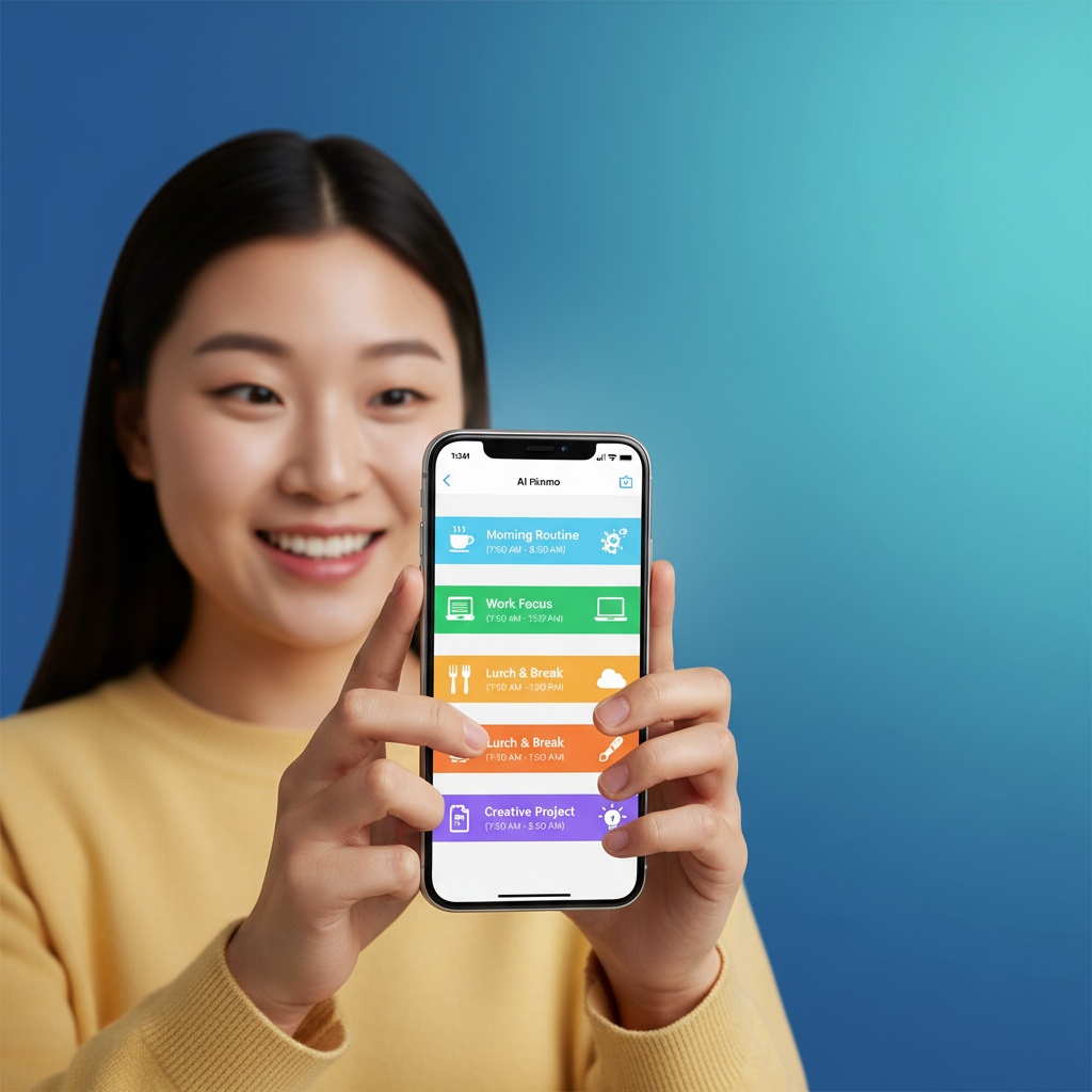 A Korean person happily using an iPhone with a visual AI planner app (Tiimo) interface clearly displayed. The app shows tasks organized in a colorful, easy-to-understand timeline. The style is a clean infographic with a modern layout and high contrast on a colored background. No text.