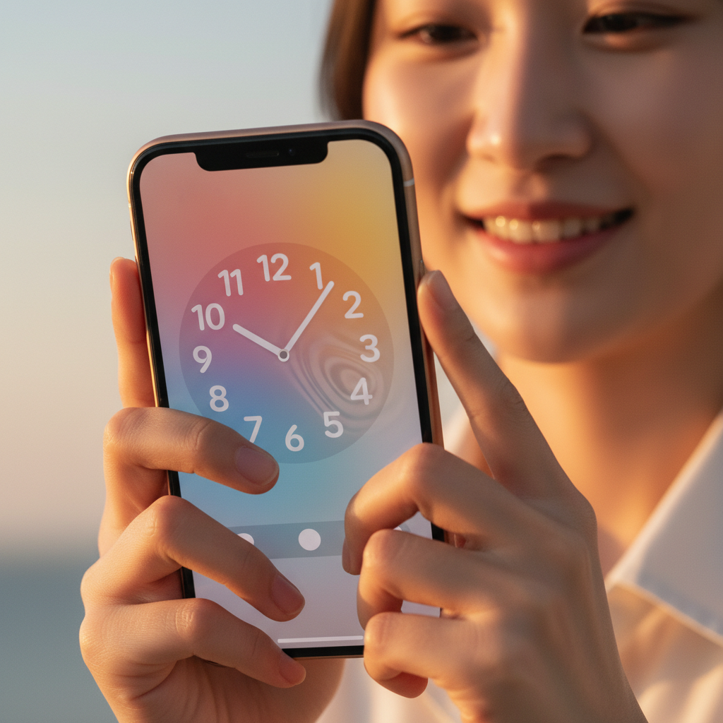 A close-up shot of a user's hands adjusting the transparency of the Lock Screen clock on an iPhone, with a subtle Liquid Glass effect visible. The user has a happy, satisfied expression. Lifestyle photography, warm lighting, soft gradient background, Korean appearance, no text.