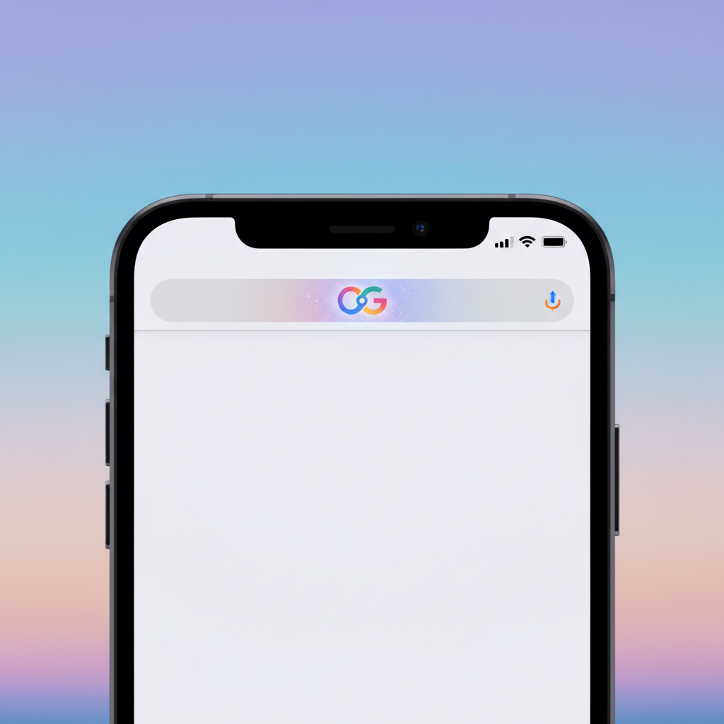 A close-up of an iPhone screen showing the Google Chrome browser with a new Gemini star icon in the address bar, bright studio lighting, gradient background, no text