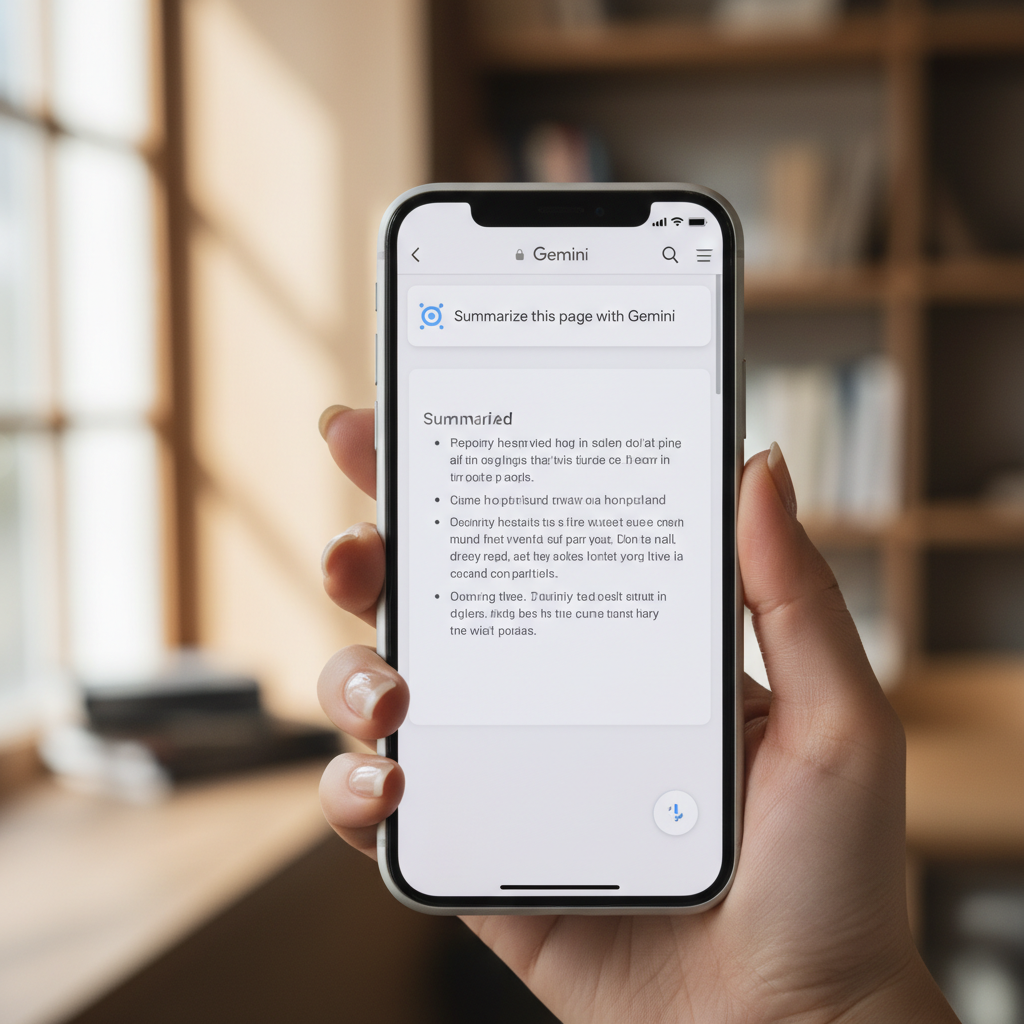 A user's hand holding an iPhone, showing Google Chrome summarizing a webpage using Gemini AI, natural light, soft focus background, Korean appearance hand, no text