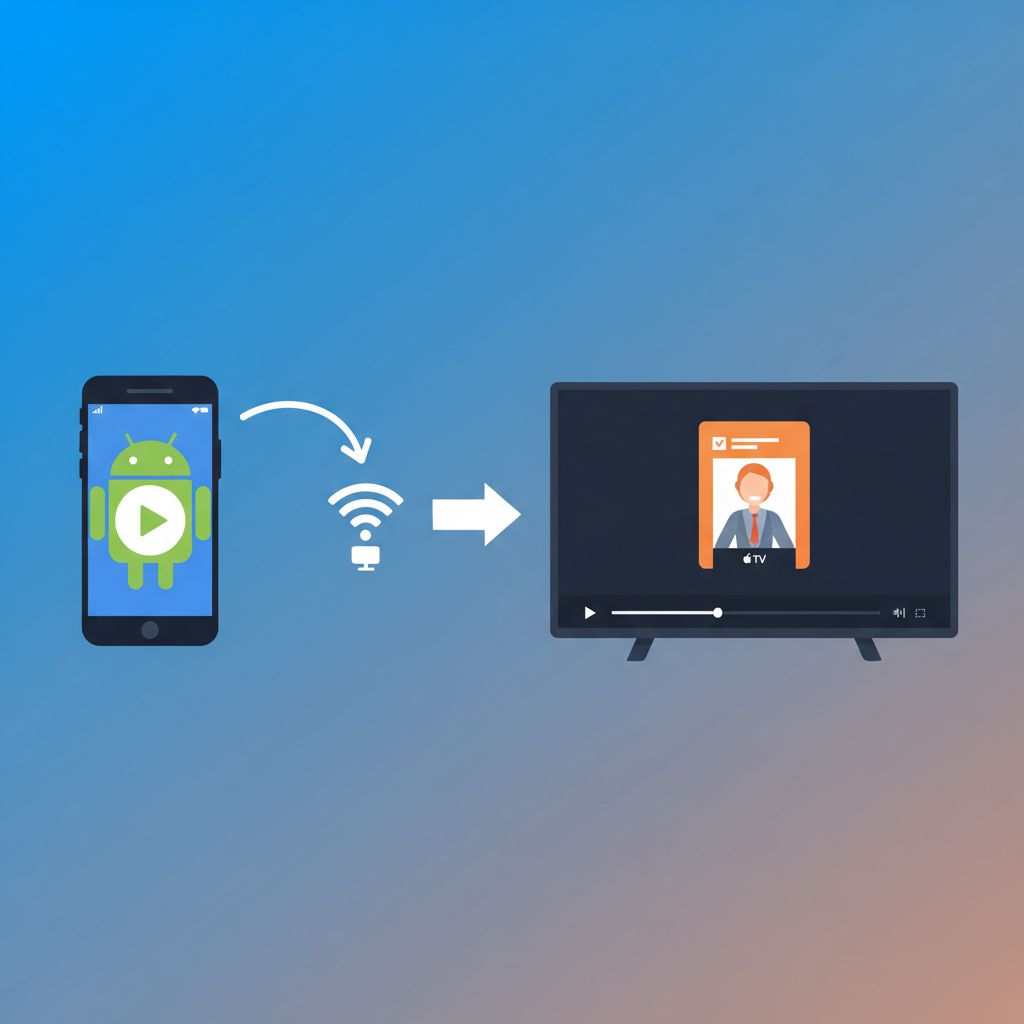 A clean infographic illustrating the simple steps to cast Apple TV content from an Android device to a TV using Google Cast. Show an Android phone, a cast icon, and a TV screen, with arrows indicating the flow. Modern layout, high contrast, colored background, no text, 4:3 aspect ratio