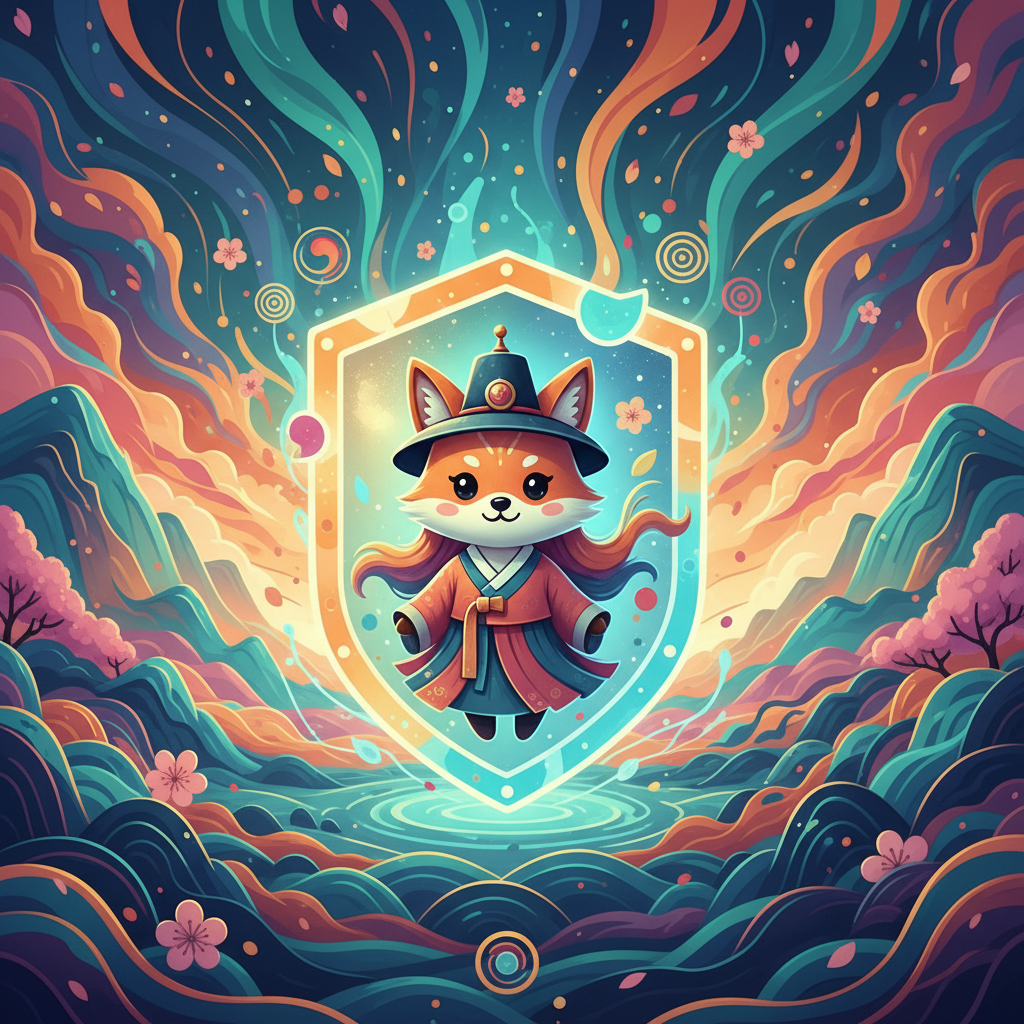 A stylized illustration of a friendly AI chatbot interface, Korean elements, surrounded by a glowing protective shield, representing safety and reliability, artistic rendering, vibrant colored background, no text