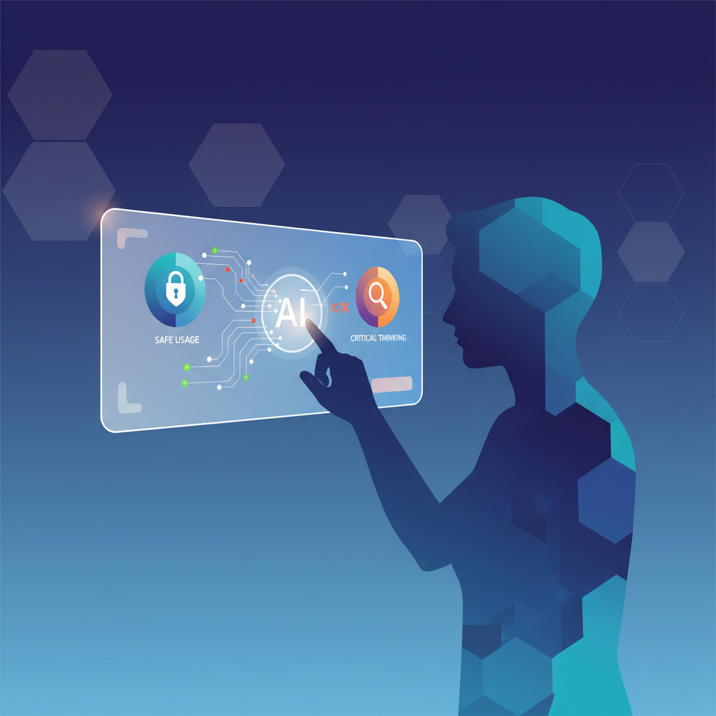 A person thoughtfully interacting with a clean, minimalist AI interface, illustrating safe and critical AI usage, clean infographic, modern layout, high contrast, colored background, no text