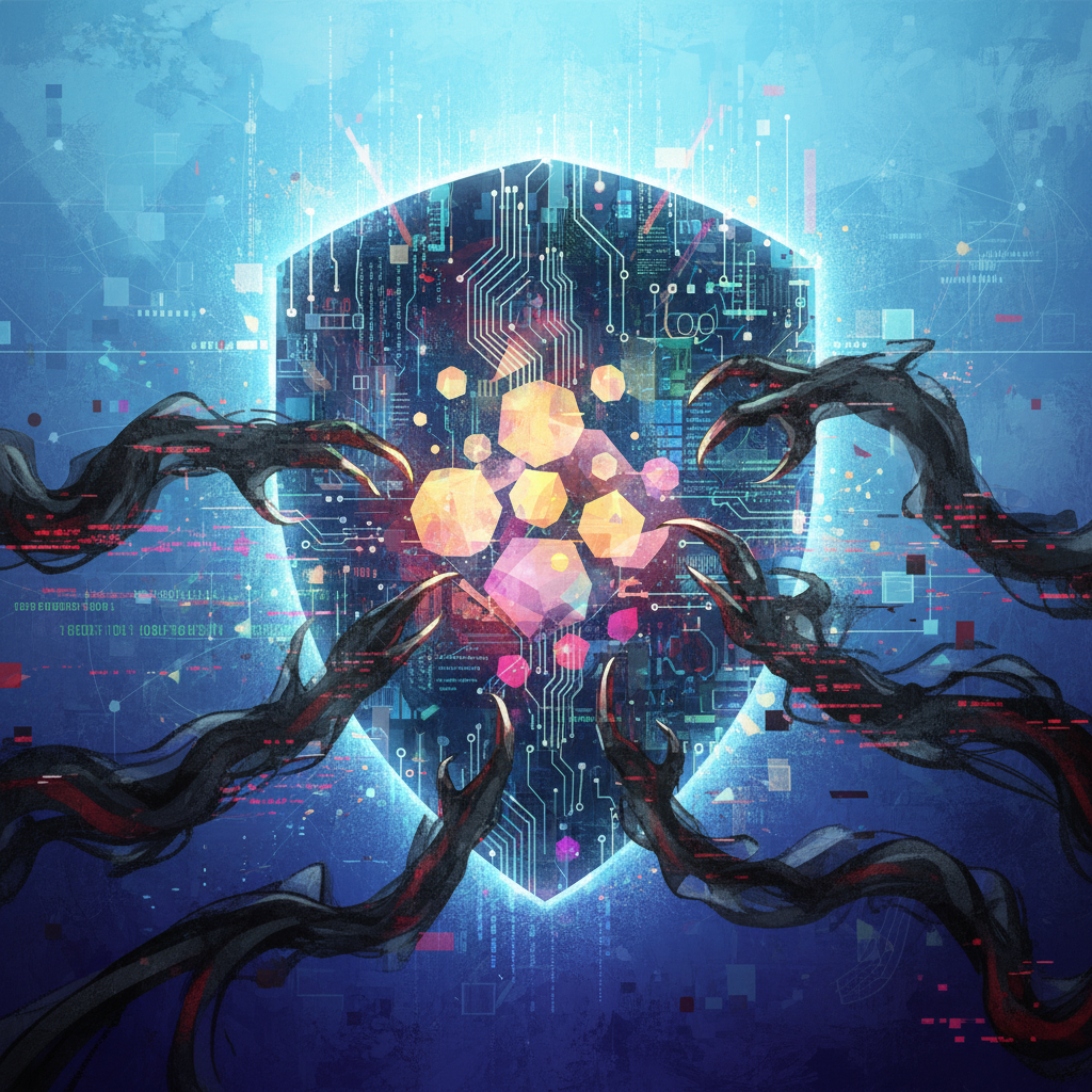 A metaphorical image of a digital shield protecting personal data from shadowy, abstract threats representing the dark web, vibrant digital art style, textured background, bright and balanced lighting, no text, 4:3 aspect ratio.