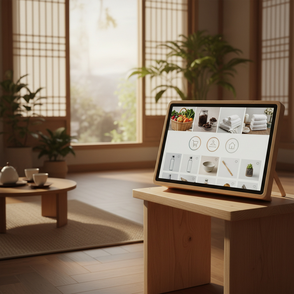 A realistic depiction of an Amazon Echo Show device displaying a 'Shopping Essentials' interface with various shopping features, lifestyle photography, natural setting, warm lighting, Korean setting, no text