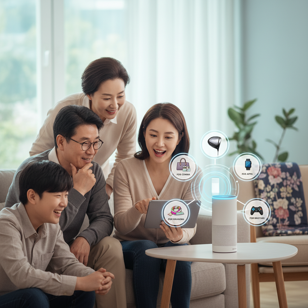 A scene of a family member receiving a personalized gift recommendation from an Alexa Plus device, visually organized by category, detailed composition, colored background, Korean family, no text