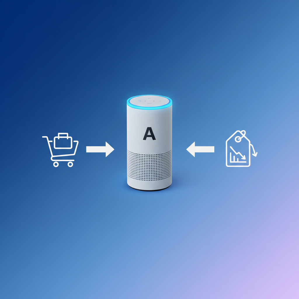 A modern infographic showing an Amazon Alexa Plus device with arrows pointing to a shopping cart and a price tag with a downward trend, clean infographic, modern layout, high contrast, gradient background, no text