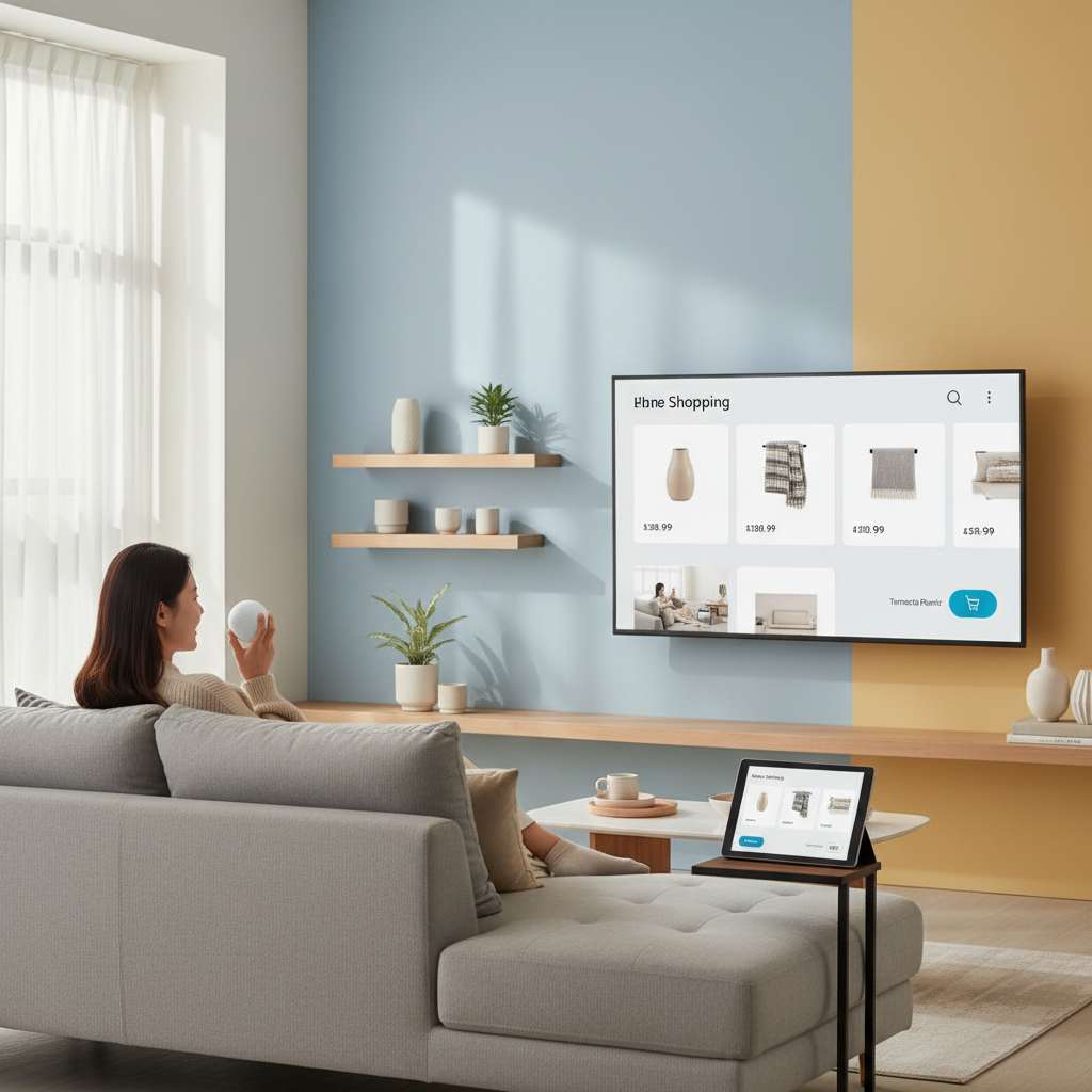 A person comfortably shopping using an Echo device, seamless integration into daily life, modern home, lifestyle photography, bright and balanced lighting, colored background, no text, Korean appearance.