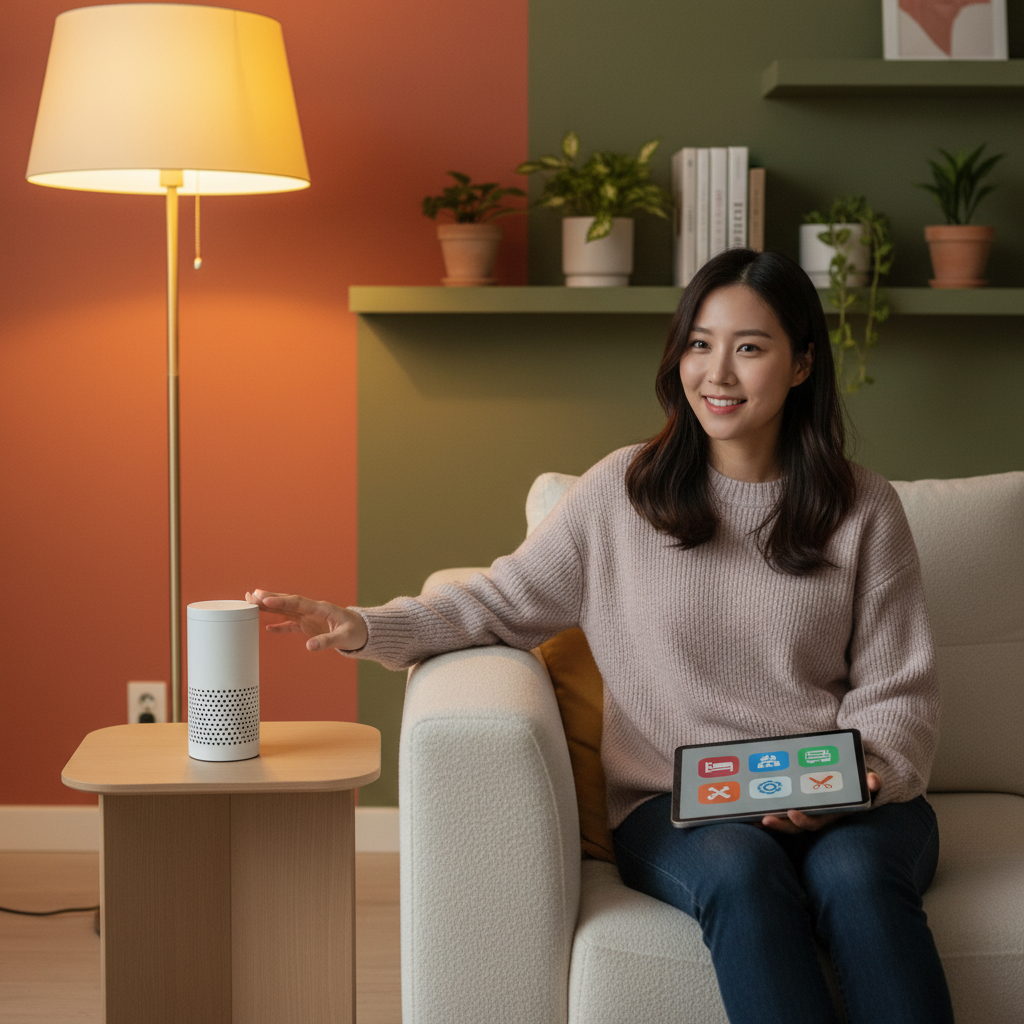 A Korean woman in a modern living room, speaking to an Alexa device, a tablet screen subtly showing various app icons like hotel, repair, and salon services, lifestyle photography, warm lighting, colored background, no text