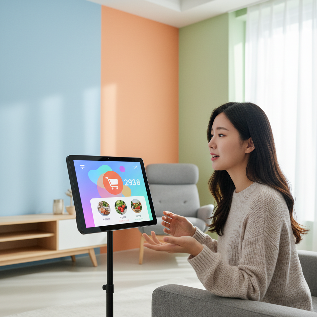 A vibrant image of an Echo Show device displaying shopping information, a person interacting with Alexa+ using voice, modern home setting, clean design, bright lighting, colored background, no text, Korean appearance.