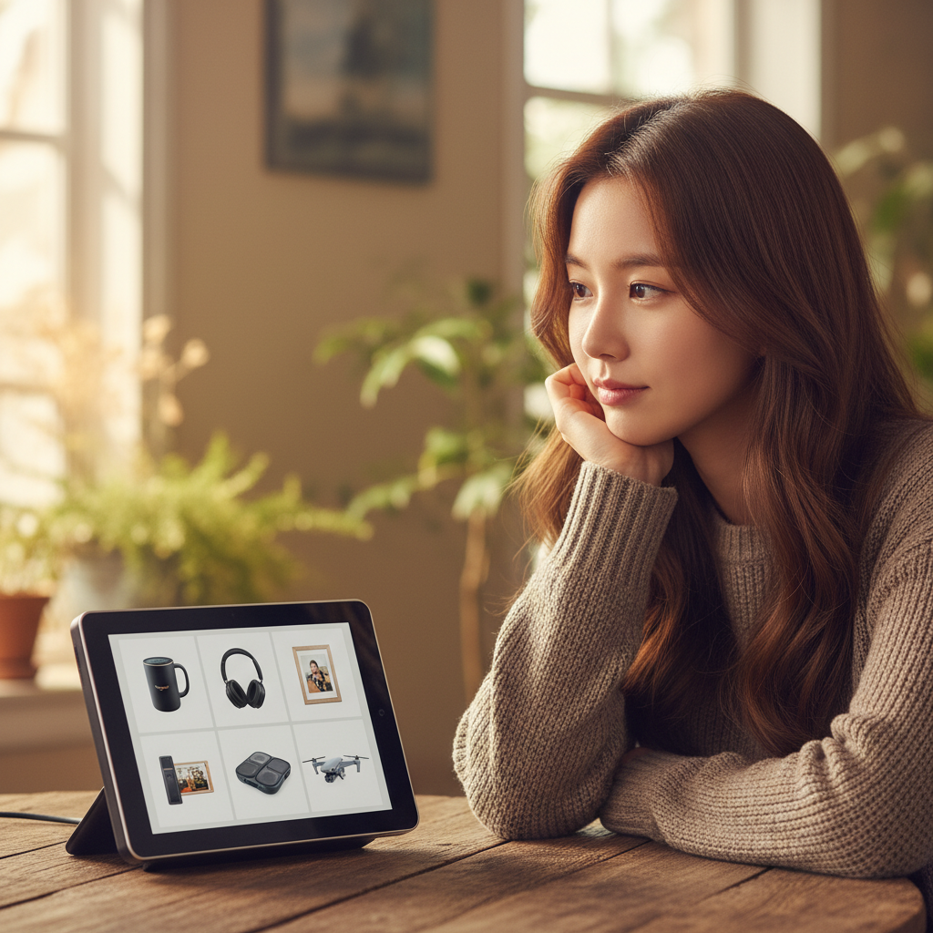 A scene of a person looking at gift suggestions on an Echo Show, a thoughtful expression, warm lighting, natural setting, Korean appearance, soft gradient background, no text.