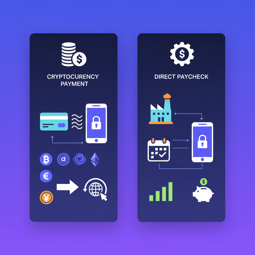 A secure digital wallet app screen showing cryptocurrency payment and direct paycheck features, with a clean infographic style, modern layout, high contrast, colored background, no text