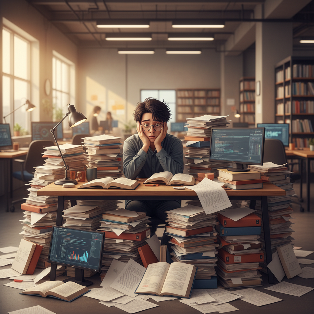 A Korean male researcher looking overwhelmed, sitting at a desk buried under a huge stack of AI research papers. The background is a modern, slightly blurred office setting with warm lighting, suggesting a busy but slightly chaotic environment. No visible text on papers or image.