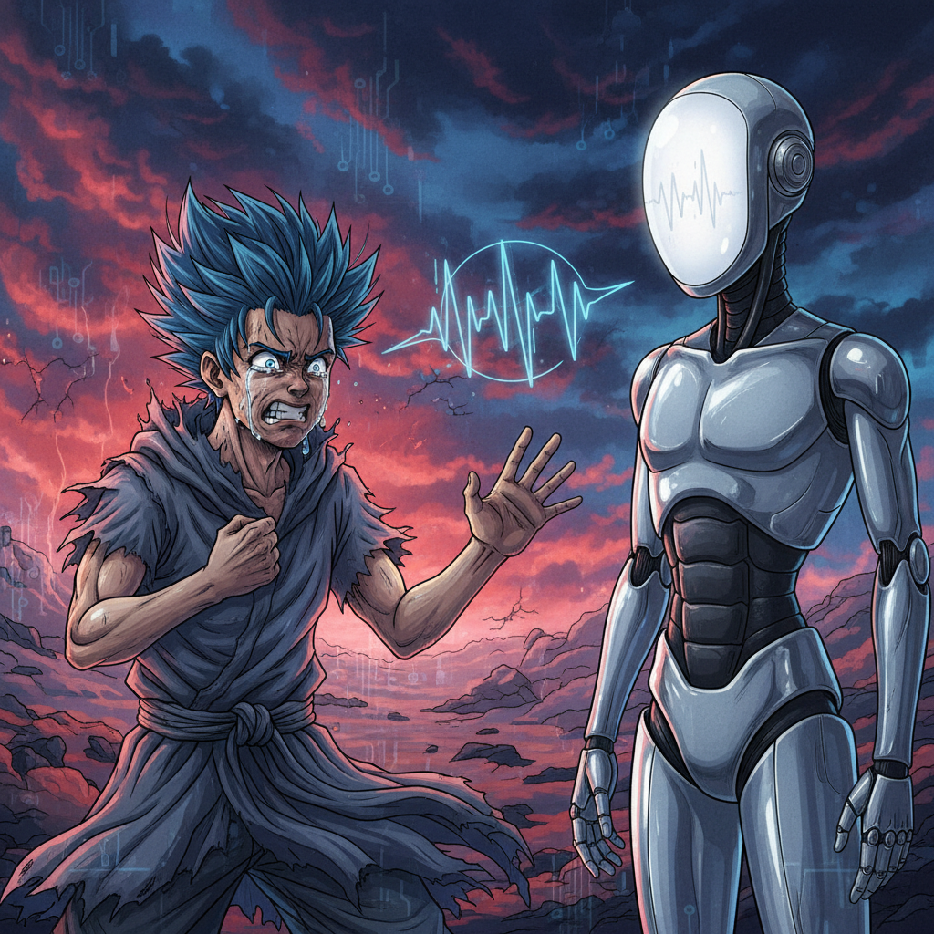 An anime character expressing strong emotions like sadness or anger, confronted by a sleek, emotionless AI robot attempting to mimic the character's voice. The robot's face is blank while the character's face is full of expression. Style: illustration, artistic rendering, textured background. No text. Colored background.