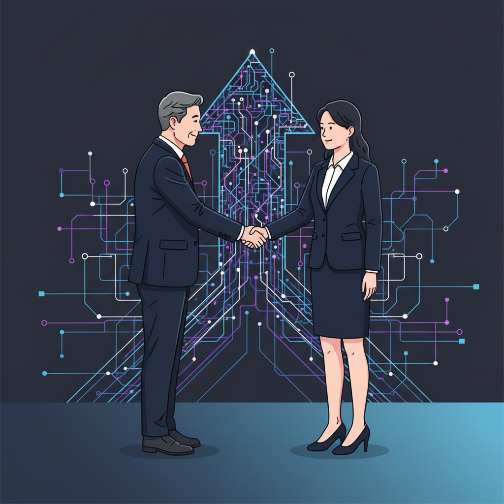 An illustration depicting a transition of leadership in a technology company, with a focus on AI. Two professional figures, one stepping down and another arriving, shaking hands against a background of abstract AI neural network patterns. Clean infographic, modern layout, high contrast. No visible text. Korean appearance for characters.