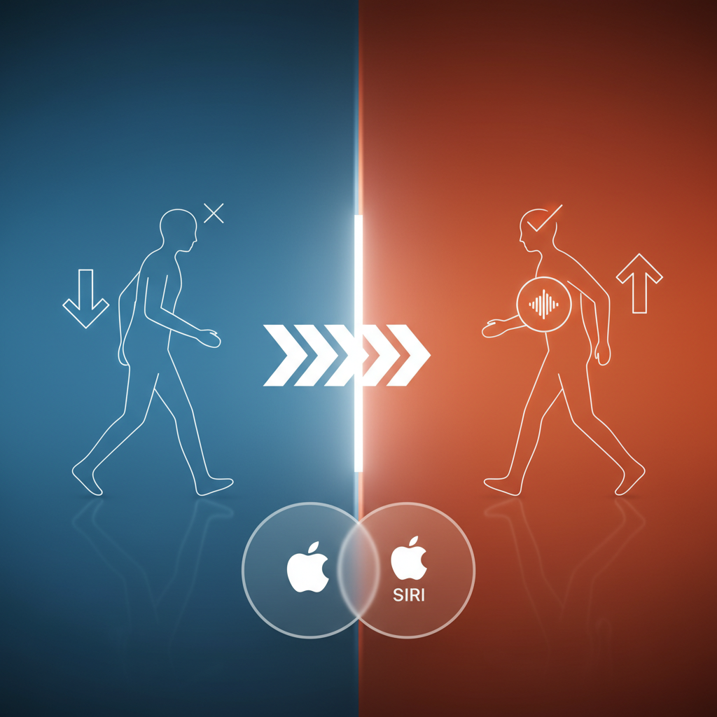 A dynamic, clean infographic showcasing a transition or shift, with subtle Apple-like design elements. One figure representing former AI chief exiting, another representing new AI chief entering. Focus on the concept of AI leadership change at Apple and Siri's evolution. Colored background, modern layout, high contrast. No text.