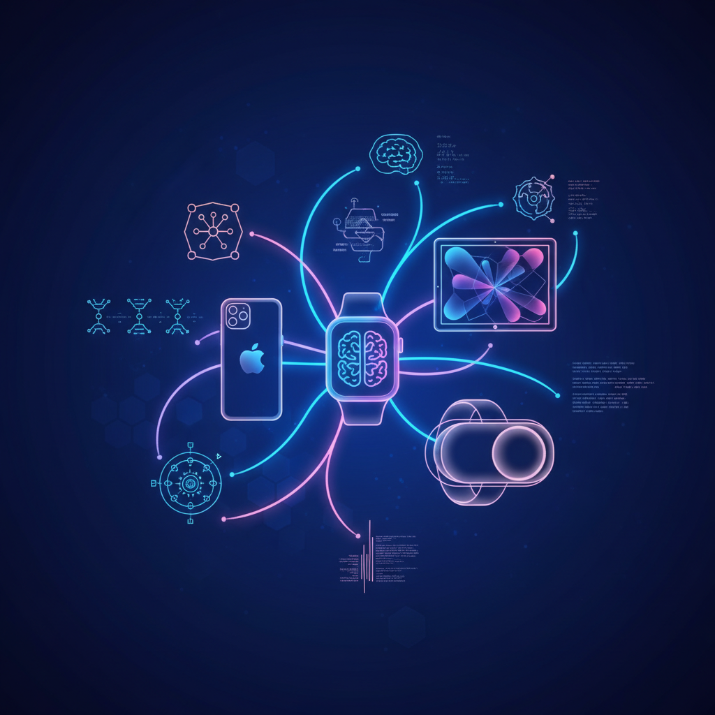 A futuristic infographic depicting various Apple devices (stylized iPhone, iPad, Apple Watch, Vision Pro) seamlessly connected by glowing lines and abstract AI symbols, representing an expanding and integrated AI ecosystem. The background is a deep blue gradient, suggesting innovation and forward-thinking. No text.