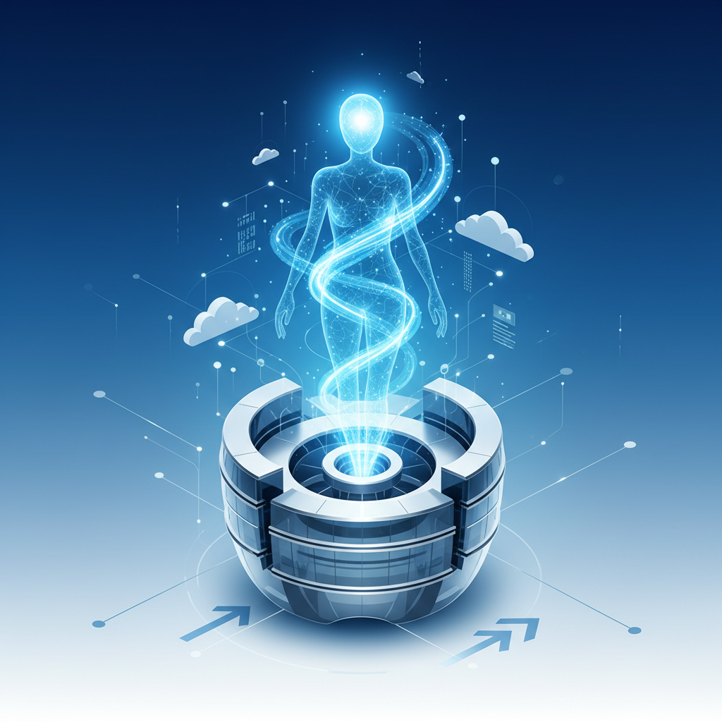 A modern infographic of a sleek, futuristic apple company building, with an AI-powered digital assistant (represented by flowing data or light) emerging from it, symbolizing technology innovation and leadership change. The style is clean, modern, high contrast, with a gradient blue and white background. Bright, balanced lighting, centered focus, visually rich, no empty margins. No visible text, no UI elements, no Korean characters.