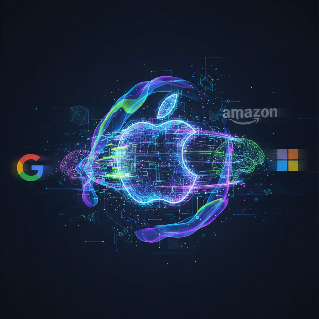 A dynamic illustration showing the Apple logo evolving or accelerating, surrounded by abstract representations of AI and innovation. Other tech company logos (Google, Microsoft) are in the background, suggesting competition. The overall scene conveys progress and future potential. Clean infographic, modern layout, high contrast. No visible text.