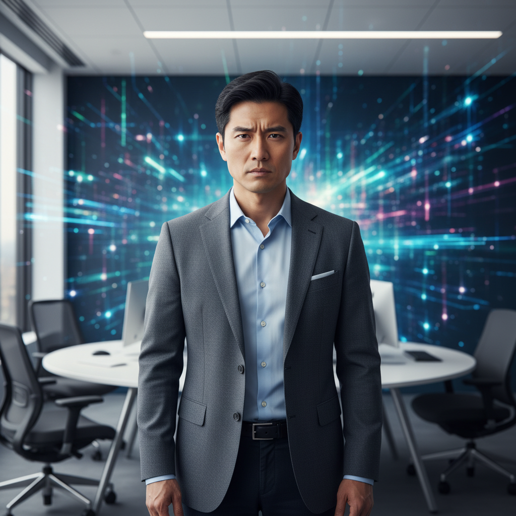 A professional, focused lifestyle photography of a Korean male in a modern tech office setting, representing Amar Subramanya. He is looking determined, surrounded by abstract AI or data visuals in the background. Bright, balanced lighting, natural expression, centered focus. Colored background. No text.