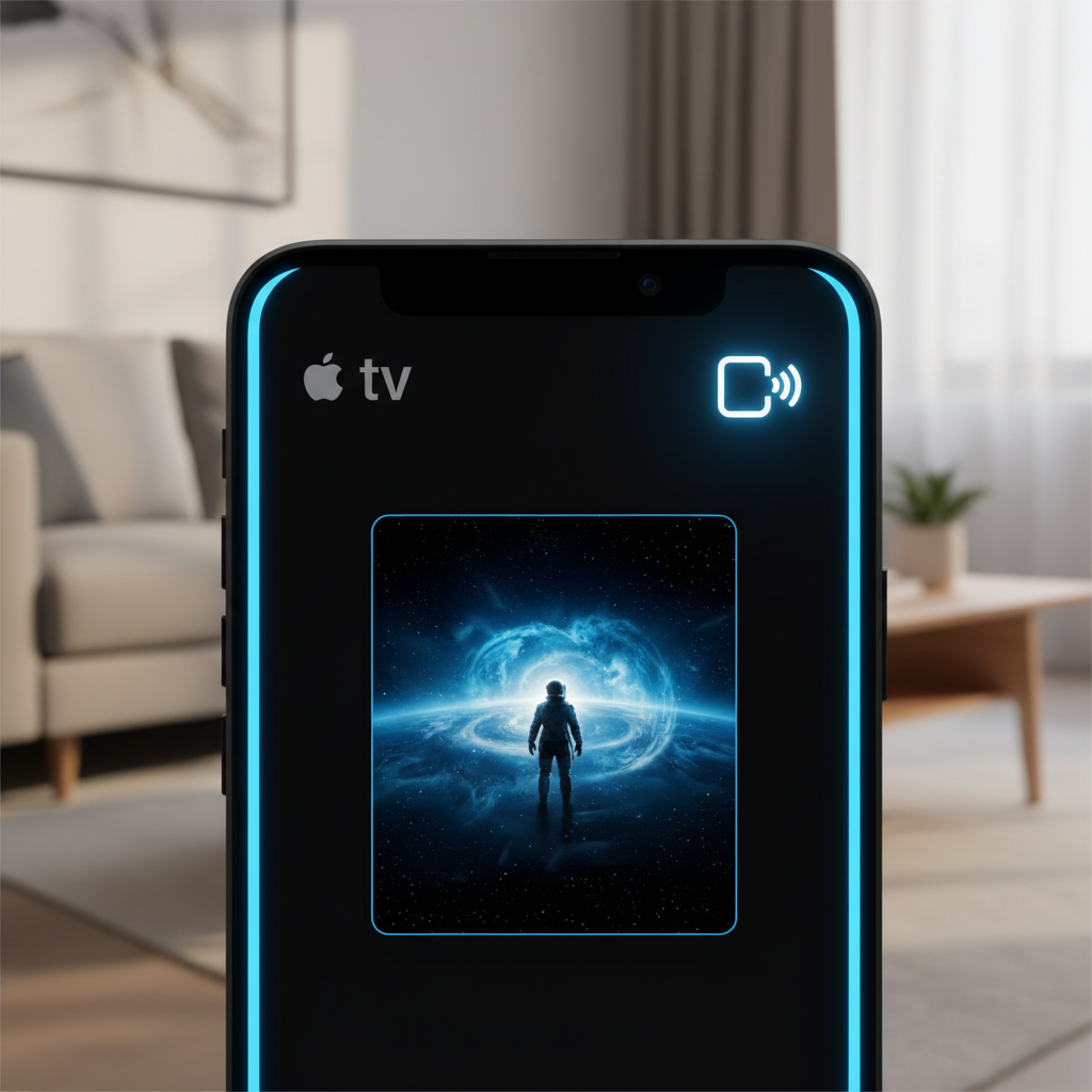 A close-up, high-contrast image of an Android smartphone screen with the Apple TV app open. A prominent Google Cast icon is visible in the top right corner. The background is a blurred, modern living space. No text, 1:1 aspect ratio