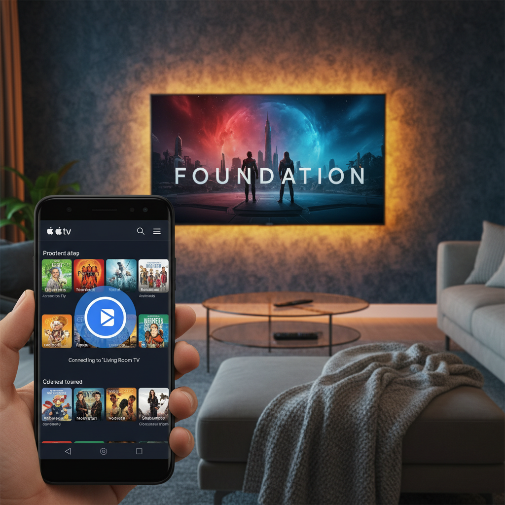 A vibrant scene of an Android smartphone displaying the Apple TV app, casting content to a large smart TV screen in a modern living room. The TV shows a scene from an Apple TV+ show. Warm, inviting lighting, colored background, no text, 1:1 aspect ratio