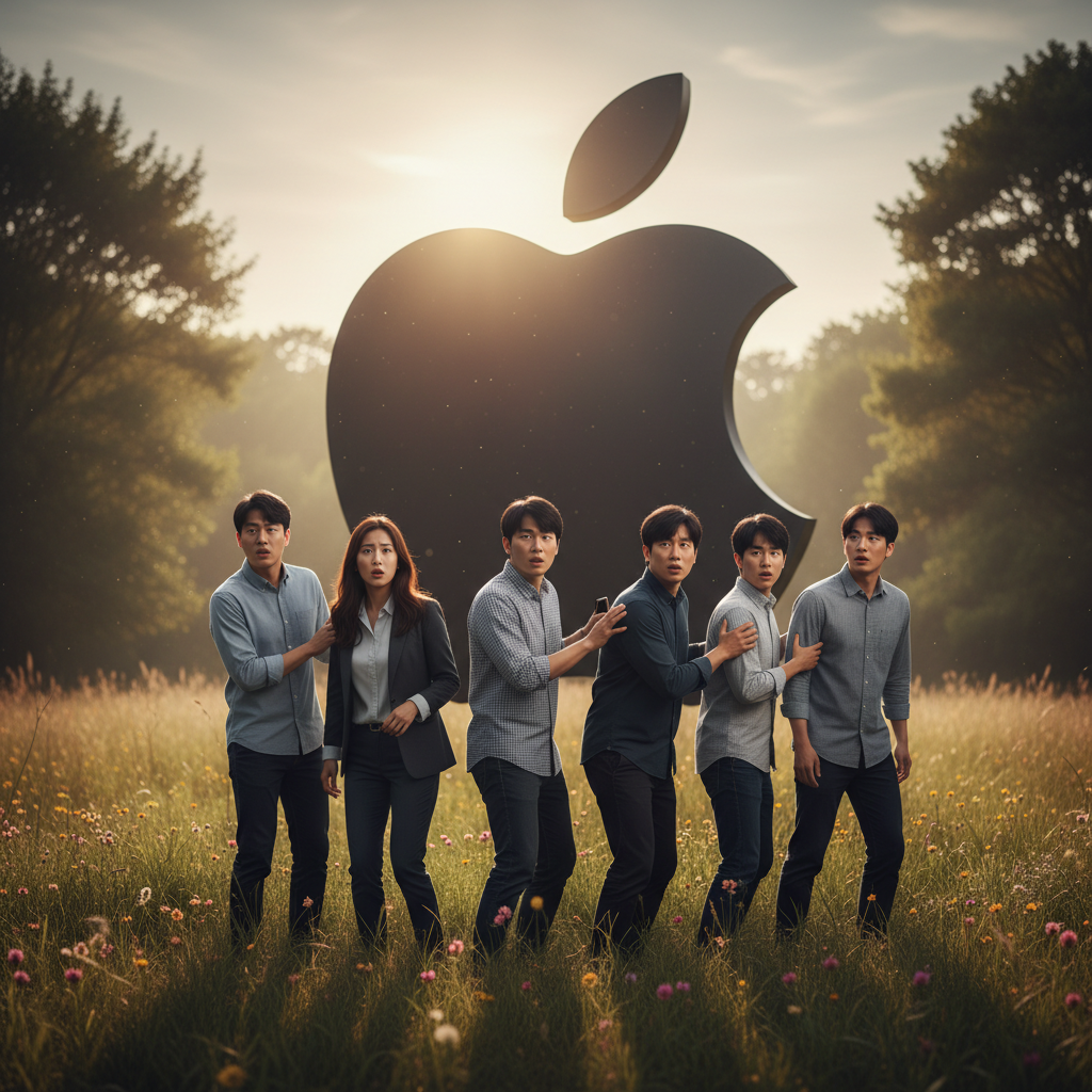 A group of Korean app developers looking anxious in front of a giant, looming Apple logo, expressing fear of retaliation, lifestyle photography, warm lighting, natural setting, no text