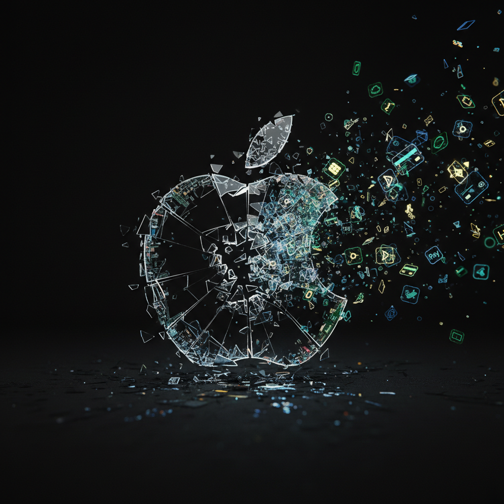 Broken Apple logo and scattered iOS payment icons, symbolizing change and disruption in a digital landscape, high contrast, dark background, no text