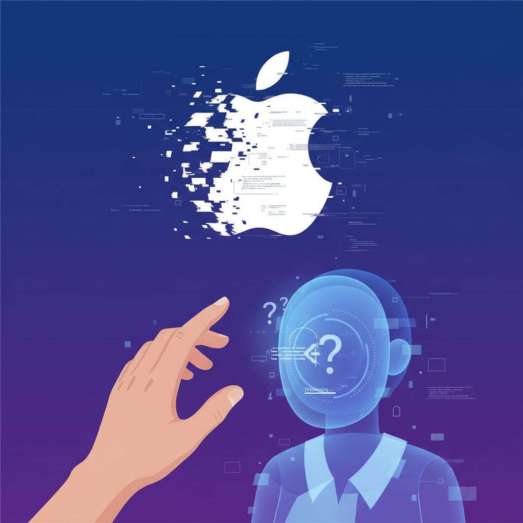 A visual metaphor for a struggling AI system. A stylized Apple logo with glitching, error messages subtly integrated into its design. A human hand tries to interact with a smart assistant that appears confused or unresponsive. Clean infographic, modern layout, high contrast. No visible text. Korean appearance for character.