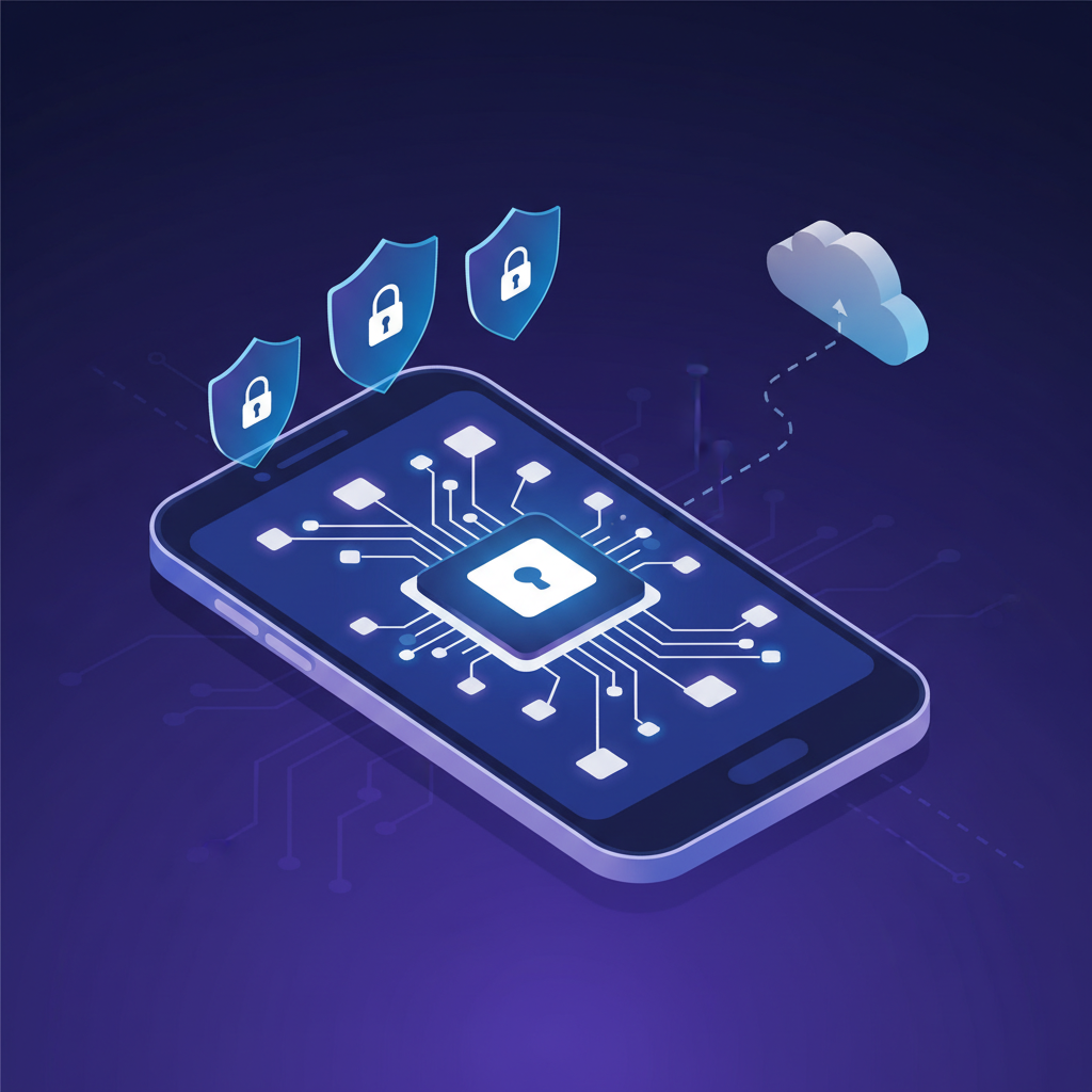 An infographic illustrating on-device AI processing. A sleek smartphone or tablet showing data processing within the device itself, connected to a cloud icon that is smaller or secondary, emphasizing local computation. Privacy shield icons are subtly integrated. Clean infographic, modern layout, high contrast. No visible text.