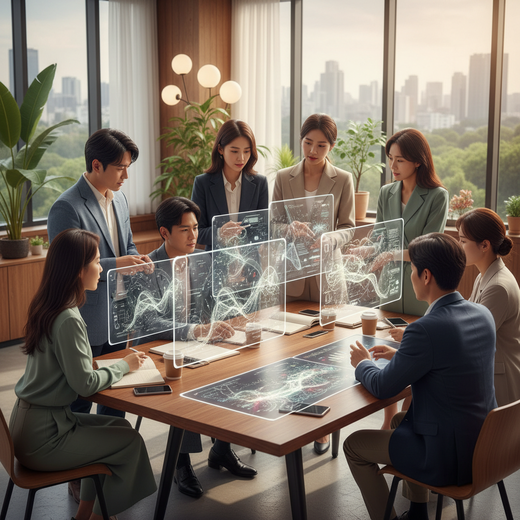A group of diverse professionals, of Korean appearance, actively engaged in an AI training session in a modern, collaborative office space. They are looking at screens with abstract AI interfaces. Style: lifestyle photography, warm lighting, natural setting. No visible text in image.