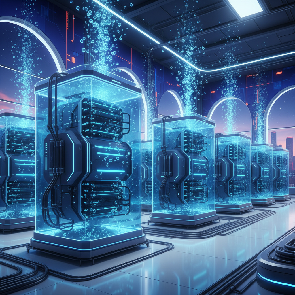 Futuristic illustration of servers immersed in a clear, non-conductive liquid within a sleek data center environment. Bubbles gently rising, blue glow. Clean, high-tech, focus on innovation. No text. Colored background, minimal empty space.