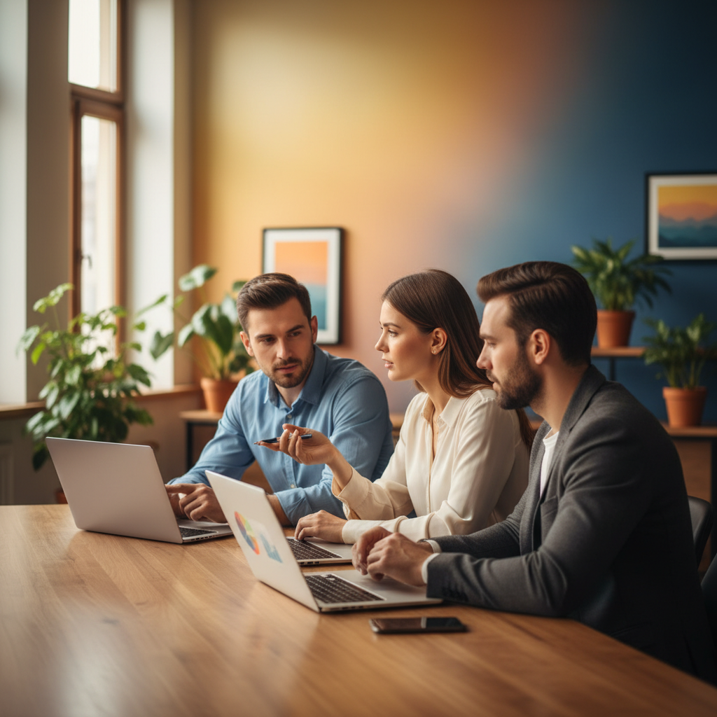 App developers in a modern office discussing new payment policies on laptops, professional setting, warm lighting, natural expression, colored background, no text